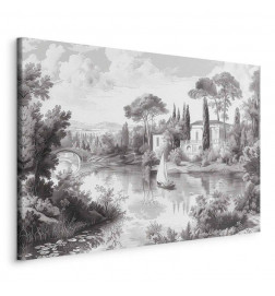 Tableau - Black and White Vintage Landscape Retro View of a Pond with a Boat
