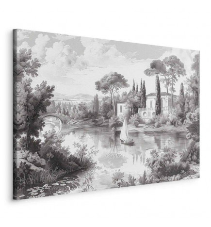 Cuadro - Black and White Vintage Landscape Retro View of a Pond with a Boat
