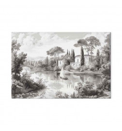 Tableau - Black and White Vintage Landscape Retro View of a Pond with a Boat