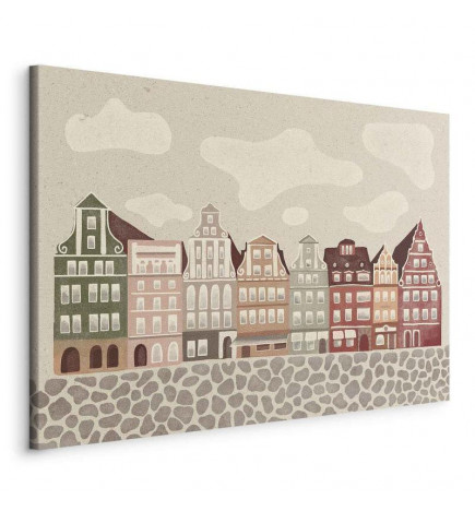 Leinwandbild - Salt Square - Colorful Illustrated Townhouses Against a Cloudy Sky Background