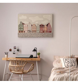 Leinwandbild - Salt Square - Colorful Illustrated Townhouses Against a Cloudy Sky Background