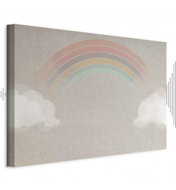 Leinwandbild - Rainy June - Colorful Rainbow Emerging from Clouds on a Bright Background