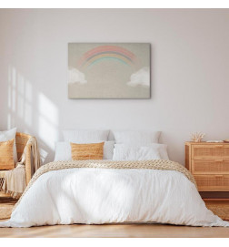 Canvas Print - Rainy June - Colorful Rainbow Emerging from Clouds on a Bright Background