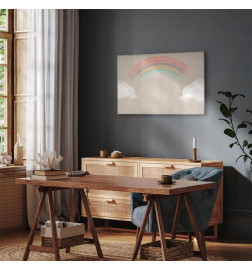 Schilderij - Rainy June - Colorful Rainbow Emerging from Clouds on a Bright Background