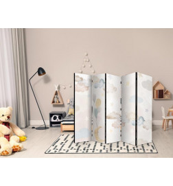 Sirm - Fairy-Tale Moon - Moon with Balloons Among Clouds and Stars in Subdued Colors on a Light Beige Background