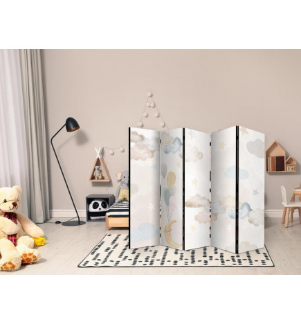 Sermi - Fairy-Tale Moon - Moon with Balloons Among Clouds and Stars in Subdued Colors on a Light Beige Background