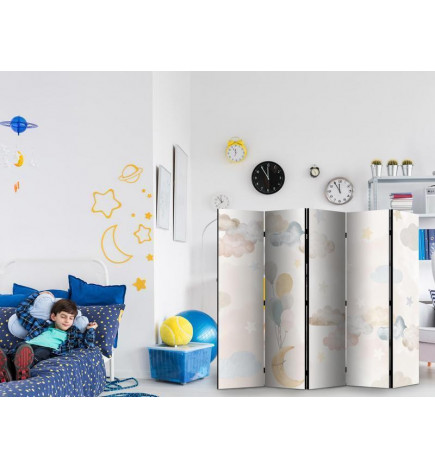 Sirm - Fairy-Tale Moon - Moon with Balloons Among Clouds and Stars in Subdued Colors on a Light Beige Background
