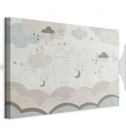 Tablou - Cloudy Night Sky - Moons in Brown and Beige Hues Among Clouds and Numerous Little Stars on a Light Background
