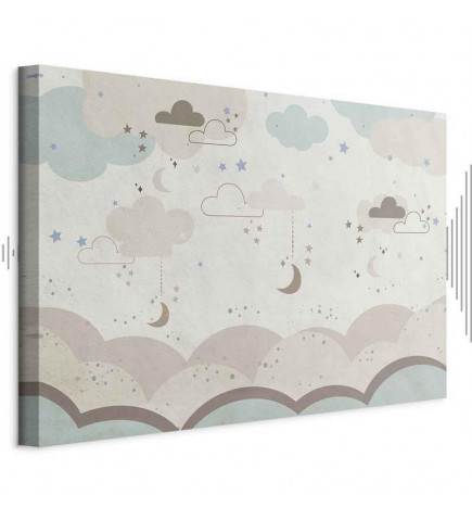 Canvas Print - Cloudy Night Sky - Moons in Brown and Beige Hues Among Clouds and Numerous Little Stars on a Light Backgr