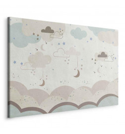 Seinapilt - Cloudy Night Sky - Moons in Brown and Beige Hues Among Clouds and Numerous Little Stars on a Light Backgroun