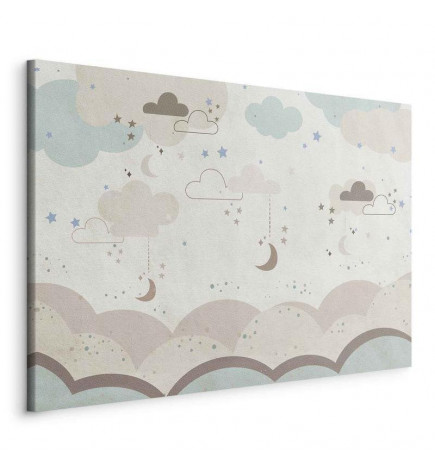 Cuadro - Cloudy Night Sky - Moons in Brown and Beige Hues Among Clouds and Numerous Little Stars on a Light Background