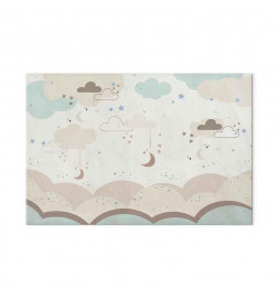 Leinwandbild - Cloudy Night Sky - Moons in Brown and Beige Hues Among Clouds and Numerous Little Stars on a Light Backgr