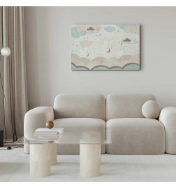 Canvas Print - Cloudy Night Sky - Moons in Brown and Beige Hues Among Clouds and Numerous Little Stars on a Light Backgr