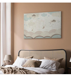 Canvas Print - Cloudy Night Sky - Moons in Brown and Beige Hues Among Clouds and Numerous Little Stars on a Light Backgr