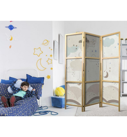 Japanese Room Divider - Cloudy Night Sky - Moons in browns and beiges among numerous clouds and stars on a light backgro