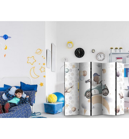 Room Divider - Galactic Races - Bear Participating in Car Races Among Planets - Clouds - and Stars in Pastel Hues