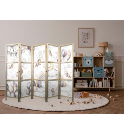 Paravent japonais - Plush Bears with Balloons - Flying light-brown bears among balloons - clouds - and rainbows in subdu