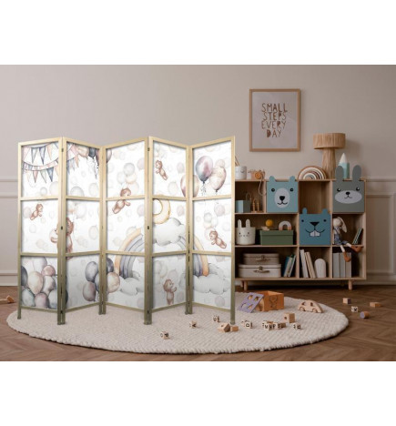 Paravent japonais - Plush Bears with Balloons - Flying light-brown bears among balloons - clouds - and rainbows in subdu