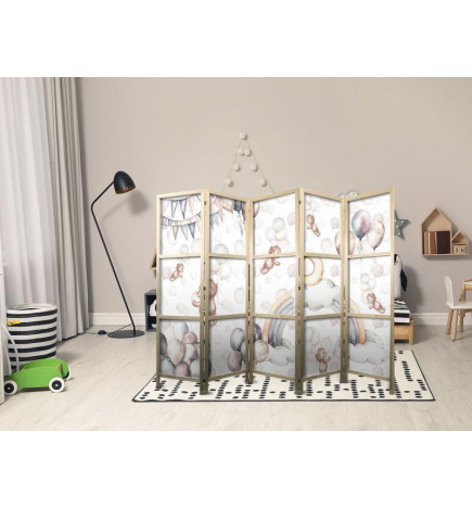 Jaapani sirm - Plush Bears with Balloons - Flying light-brown bears among balloons - clouds - and rainbows in subdued - 