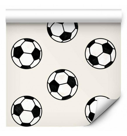 Behang - Soccer - Symmetrical black-and-white soccer balls on a beige background