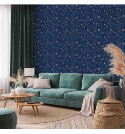 Tapeet - Cosmic Fantasy - Pattern with Suns - Moons - and Dragonflies on a Dark Background