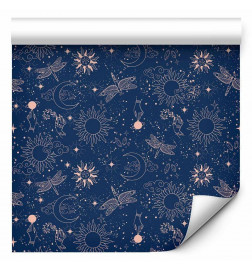 Tapet - Cosmic Fantasy - Pattern with Suns - Moons - and Dragonflies on a Dark Background