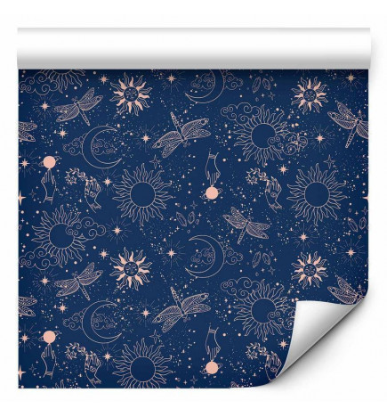 Tapetas - Cosmic Fantasy - Pattern with Suns - Moons - and Dragonflies on a Dark Background