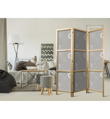 Japonska pregrada - Cosmic Fireworks - Elegant Pattern with Moons and Stars on a Gray Background