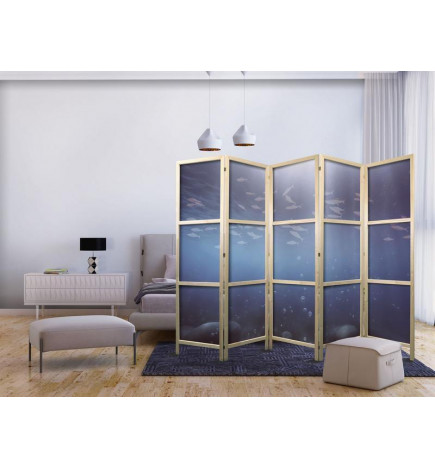 Jaapani sirm - School of Small Fish - Illuminated Oceanic Depth in Shades of Navy Purple and Gray with a School of Tiny 
