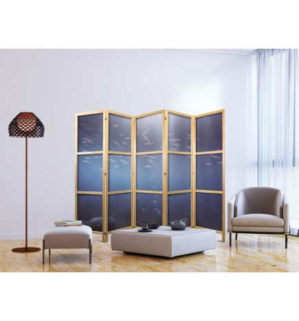 Japanilainen sermi - School of Small Fish - Illuminated Oceanic Depth in Shades of Navy Purple and Gray with a School of