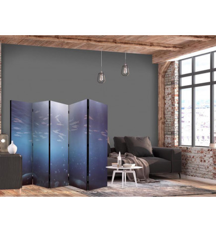 Biombo - School of Small Fish - Illuminated Oceanic Depth in Shades of Navy Purple and Gray with a Shoal of Tiny Fish
