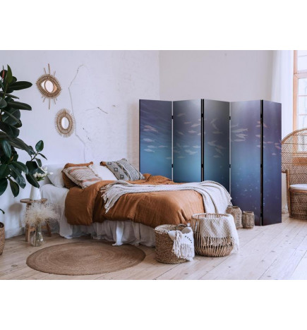 Paravent - School of Small Fish - Illuminated Oceanic Depth in Shades of Navy Purple and Gray with a Shoal of Tiny Fish