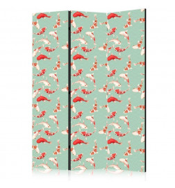 Sirm - Fish and Japanese Pattern - Koi Fish in Orange-Cream Colors on a Green-Mint Background with an Oriental Pattern