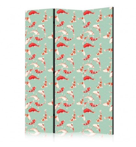 Sirm - Fish and Japanese Pattern - Koi Fish in Orange-Cream Colors on a Green-Mint Background with an Oriental Pattern