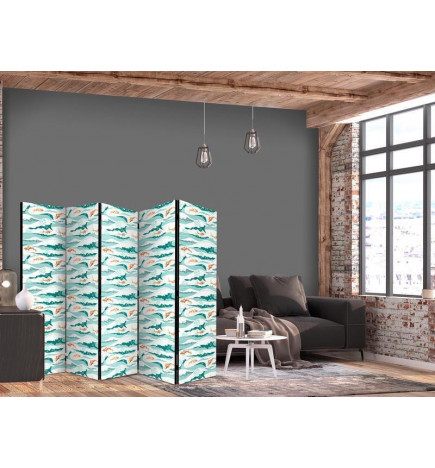 Paravan - Fish Jumping Above The Waves - Oriental Fish And Water Lilies Among High Waves in Shades of Sea Green
