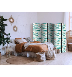 Sermi - Fish Jumping Above The Waves - Oriental Fish And Water Lilies Among High Waves in Shades of Sea Green