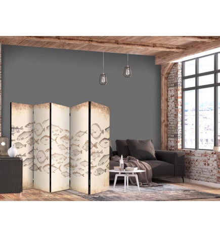 Španska stena - Sketch of a Fish School - Sketches of Various Fish Species Swimming in a School on a Beige Background in