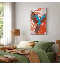 Schilderij - Exotic Wings - Parrot Among Abstract Leaf Patterns