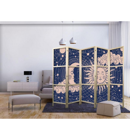 Paravento giapponese - Cosmic Harmony - Illustration of the Sun and Moon on a Navy Background