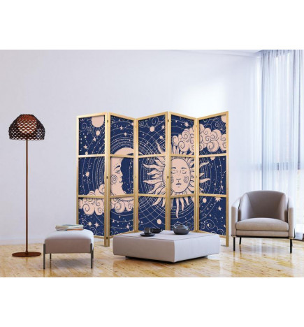 Biombo japonés - Cosmic Harmony - Illustration of the Sun and Moon on a Navy Background
