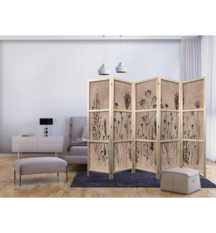 Japanese Room Divider - Plant Vintage - Delicate Field Flowers on a Background in Lime Wash Technique
