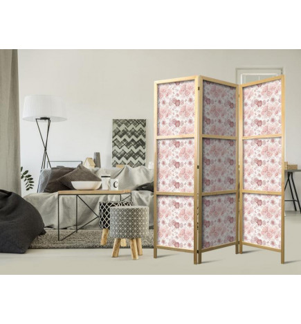 Biombo japonés - Pink Blossoming - Flowers in Warm Colors on a White Background