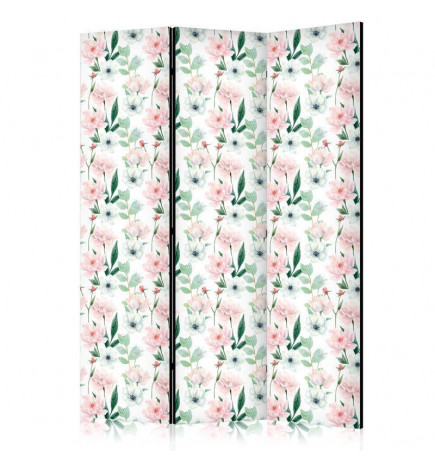 Room Divider - Peonies - Pink and White Flowers and Green Leaves on a White Background