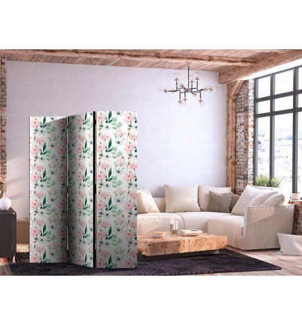 Paravento - Peonies - Pink and White Flowers and Green Leaves on a White Background