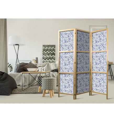 Paravent japonais - Illustration in Vintage Style - Blue Flowers on a White Background