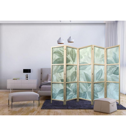Japanese Room Divider - Large Leaves in Green-Mint Shades - Botanical Motif