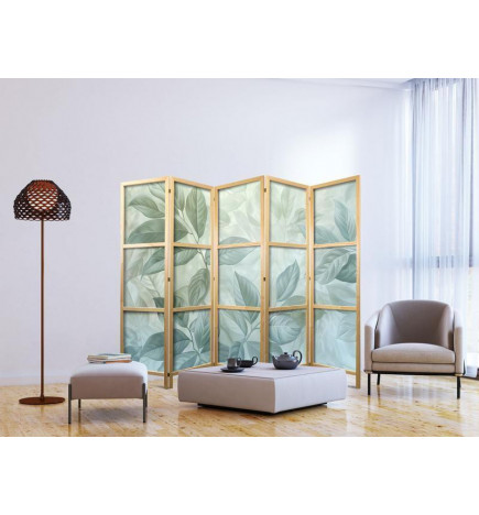 Japonska pregrada - Large Leaves in Green-Mint Shades - Botanical Motif