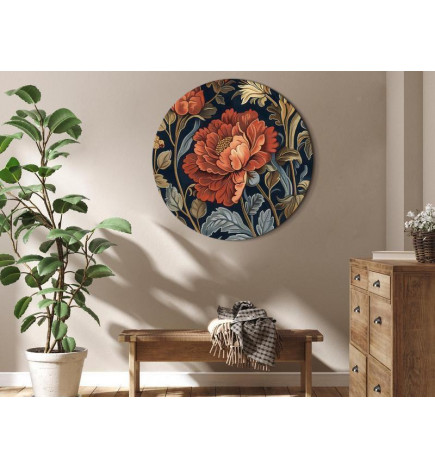 Round Canvas Print - Tapestry Large Flowers Retro Floral Motif in Kilim Style