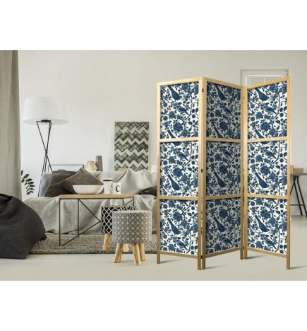 Japanese Room Divider - Rose Vines - Monochromatic Blue Birds Resting Among Roses