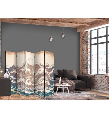 Pertvara - Turbulent Ocean - High Waves in Brown And Navy Colors on a Beige Background in Vintage Style